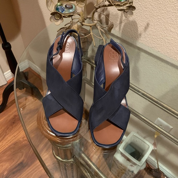 Tory Burch Shoes - Tory Burch navy blue leather/suede wedge